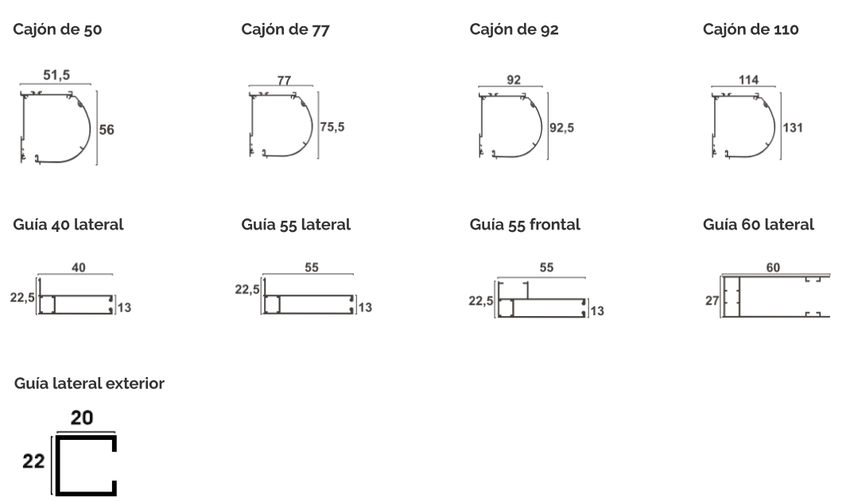 Perfil cajones y guía cajonera